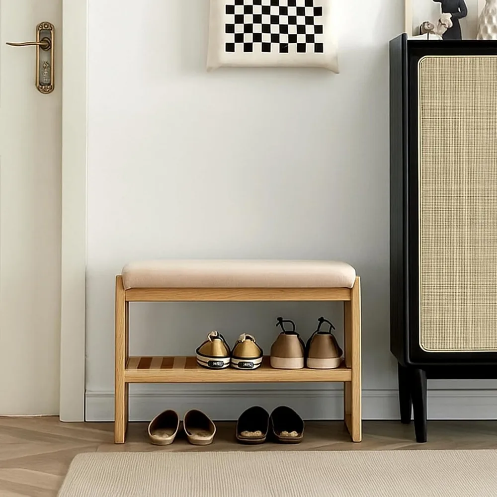 مقعد المدخل مع وسادة، رف أحذية من الخشب الصلب بطبقتين مع مقعد من إسفنج الذاكرة، مقعد تخزين منجد باللون البيج للممر، لا #1