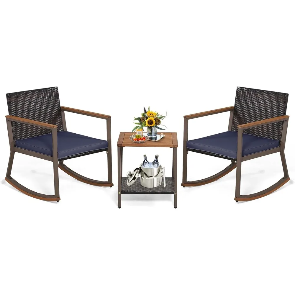 3 Pieces Rocking Bistro Set, Outdoor Rocker Chair with Coffee Table & Cushions, Patio Rattan Furniture Conversation Set