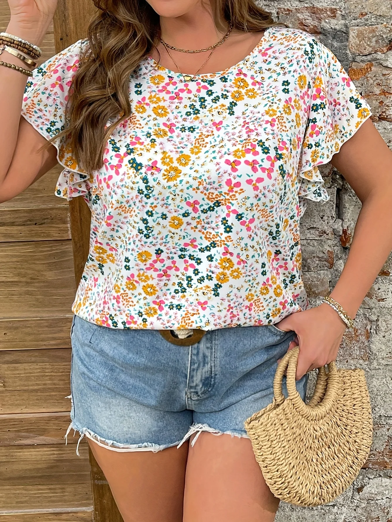 

Plus-size Women's Romantic Floral Print Loose Round Neck Puff Sleeve Casual Top