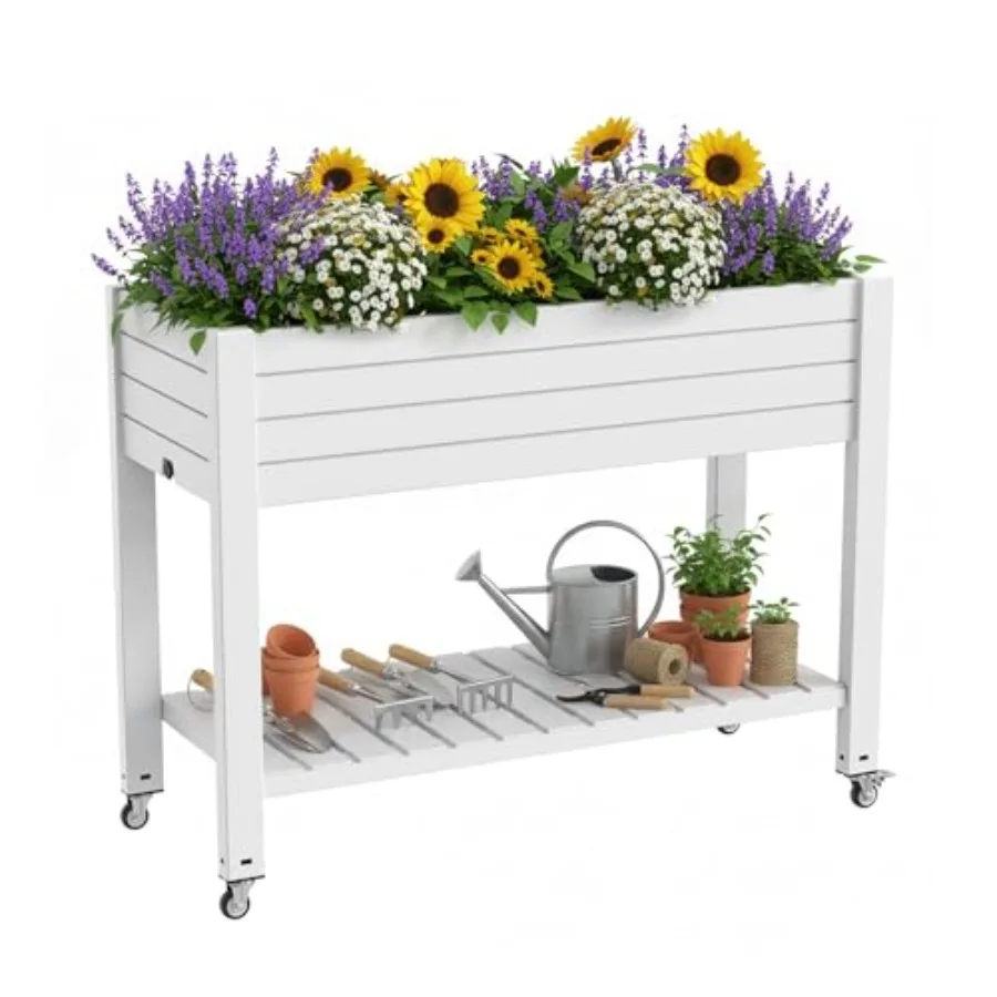 Elevated Raised Garden Bed, Outdoor Large Planter Box with Wheels and Shelf for Backyard Balcony, Dust-Proof Resin Patio Raised