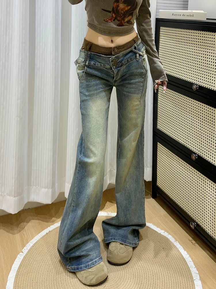 

Американские джинсы в стиле Y2K для женщин: винтажные, с эффектом потертости, микро-клеш, с двойным поясом и пэчворком, дизайн в стиле High Street Spicy Girl