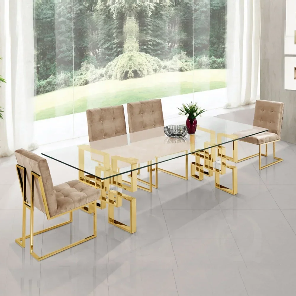 gold dusk steel foot dining table tampered glass top 8 chairs set luxury big metallic marble glass dinning table set