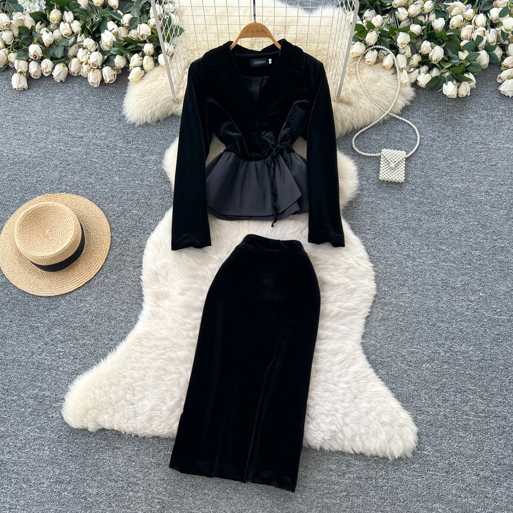 

Sexy long sleeve velour ruffle High Waist dress Vestidos Women Evening Party dress autumn Two Piece Set