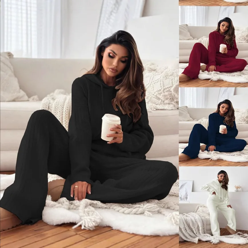 

2025 Solid Color Knit Ribbed Loose-Fit Hooded Long Sleeves Suit Trousers 2-Piece Set Cross-Border Fast Selling Fashion