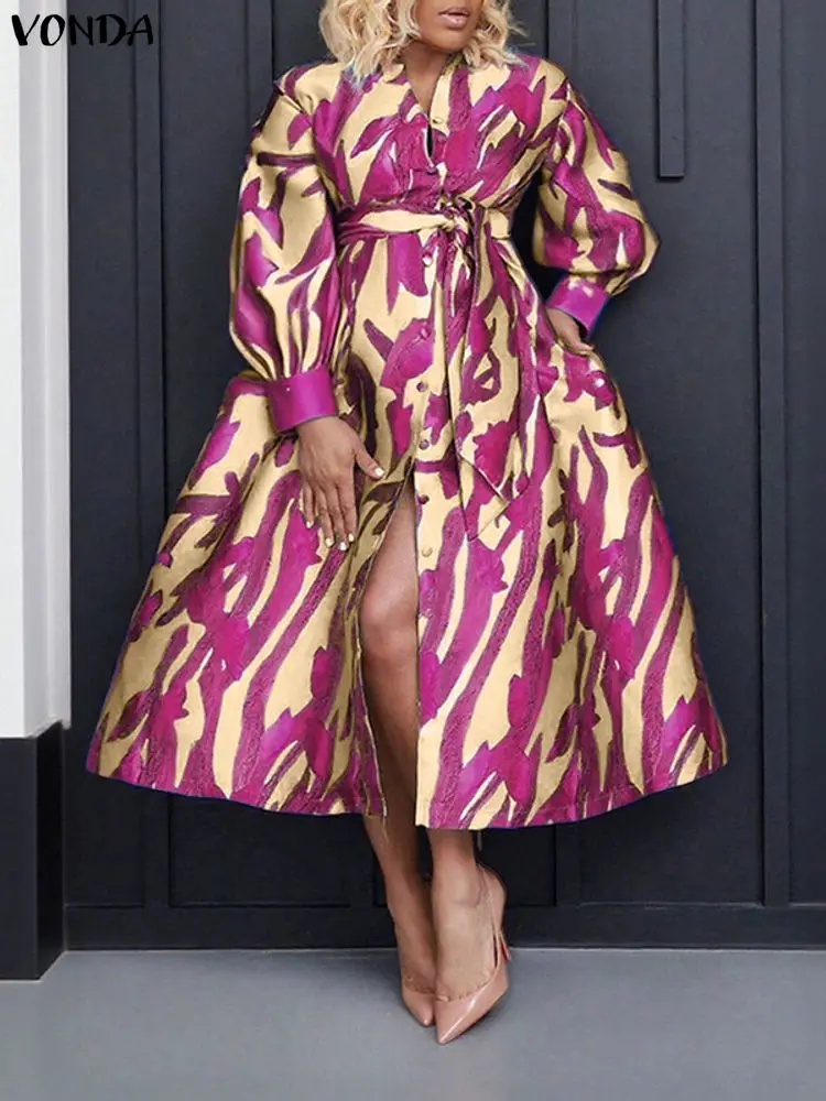 

Плюс размер 5XL VONDA Vestido, женские длинные платья с принтом, осеннее богемное платье с длинным рукавом-фонариком, вечерние 2025, модное платье с v-образным вырезом и поясом