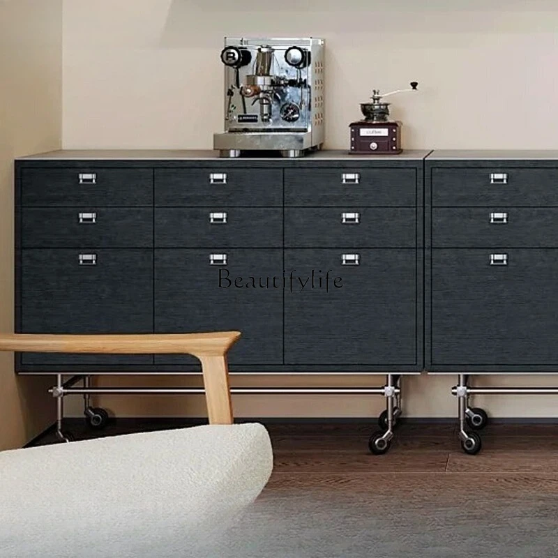 

*Stainless steel coffee machine cabinet, removable with wheels, black integrated storage cabinet against the wall