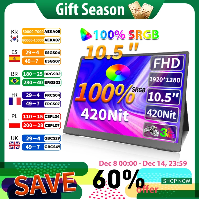 

HGFRTEE 10.5 inch Portable Monitor 1280P IPS FHD 100% SRGB 1500:1 For Laptop Mac Xbox PS4/5 Switch Mini Display