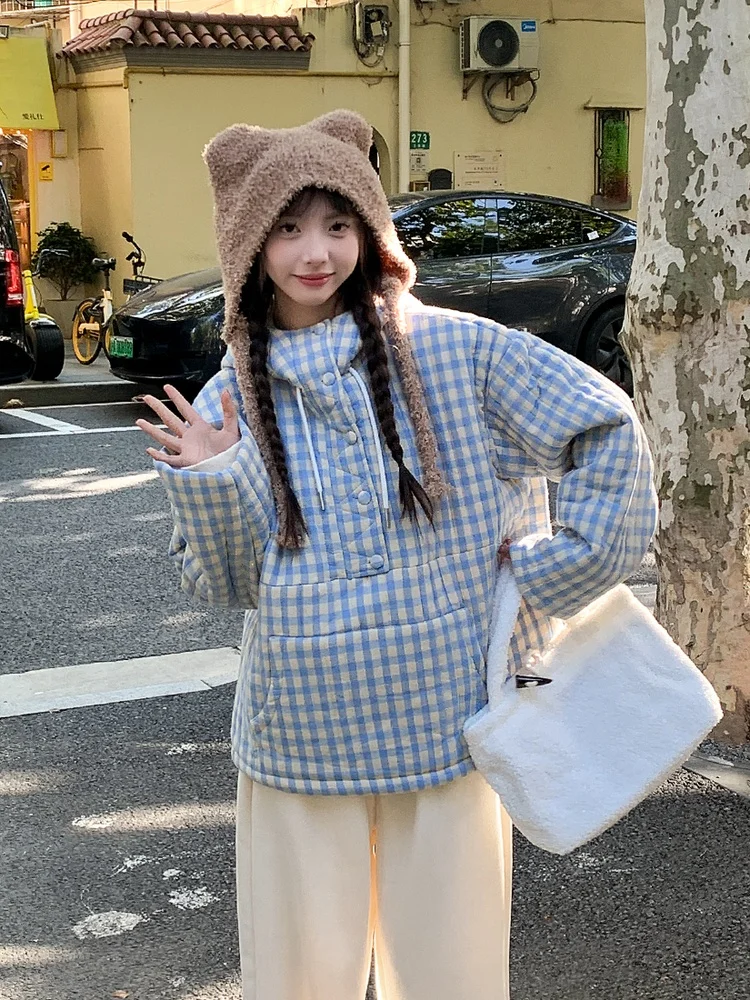 

Синее хлопковое пальто в клетку с капюшоном для женщин, свободного кроя, на пуговицах, удлиненное, утепленное