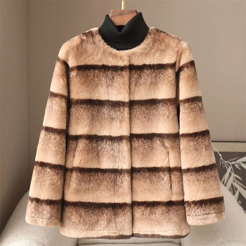 2026 Striped Faux Fur Coat For Women Artificial Gold Mink Fur Overcoat Autumn And Winter Faux Mink Fur Warm Top Female Outcoat