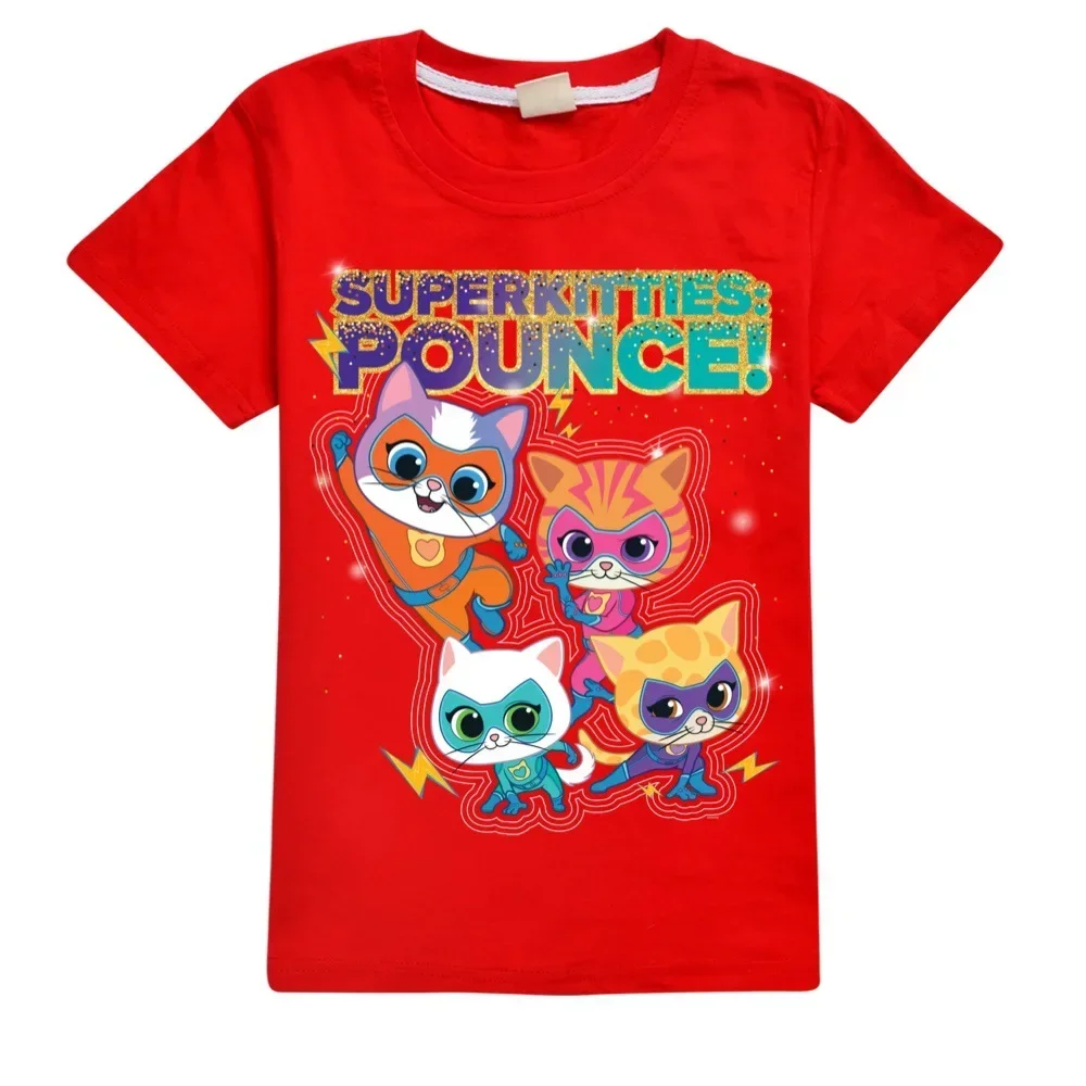 Anime Super Cats T Shirt Kids SuperKitties Clothes Baby Girls 100%Cotton Short Sleeve Tops Junior Boys T-shirt Children Clothing