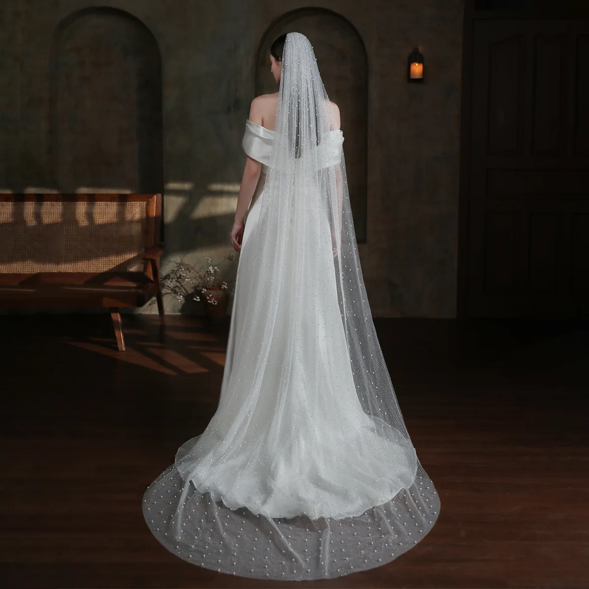 

V865 Long Bridal Veil, Super Fairy-Like with Sparkling Pearls and Silver Spray, Wedding Chapel Trailing Style, Travel Photography Wedding Headpiece