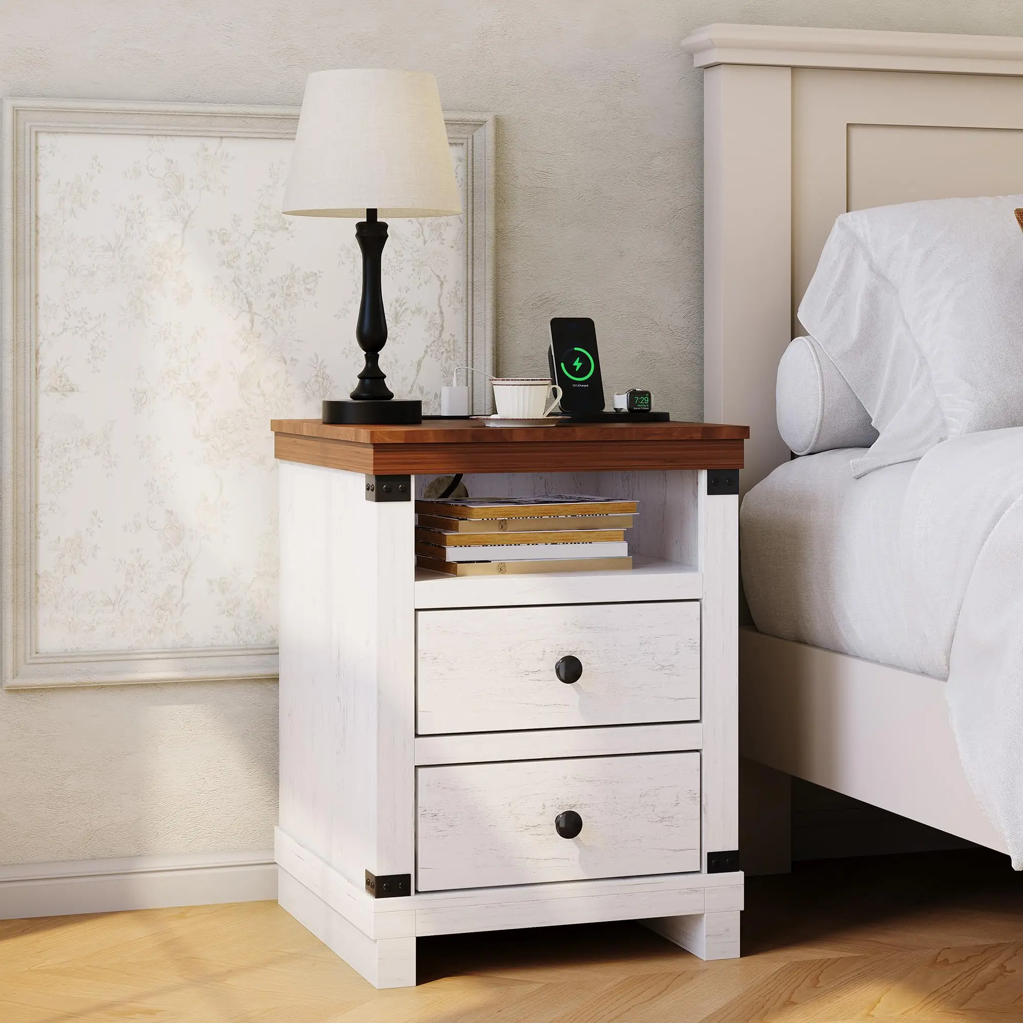 

Farmhouse Nightstand With Charging Station, 2 Drawers, USB Ports & AC Outlets, White Rustic Bedside End Table For Bedroom