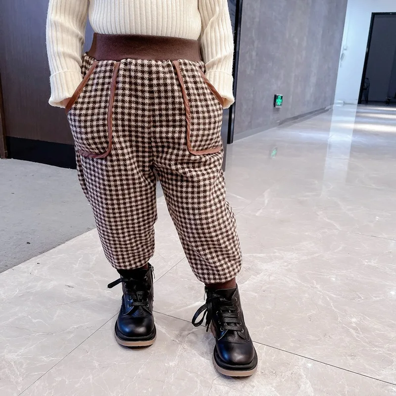 Kids Pants Girl Add Velvet Casual Pants Autumn Winter New Children Lattice Thicken Trousers Tide 2024 Fashion Lattice