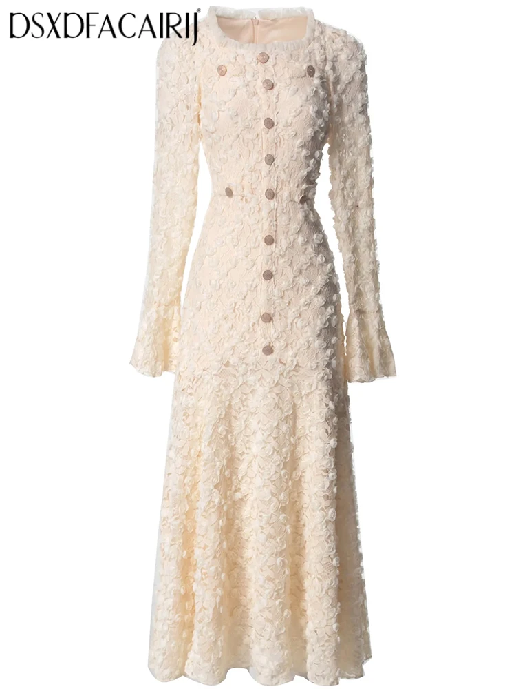 

DSXDFACAIRI Women's O-Neck Lace Dress with Flare Sleeves Solid Color Vintage Party Gown for Spring Fashionable Female Attire
