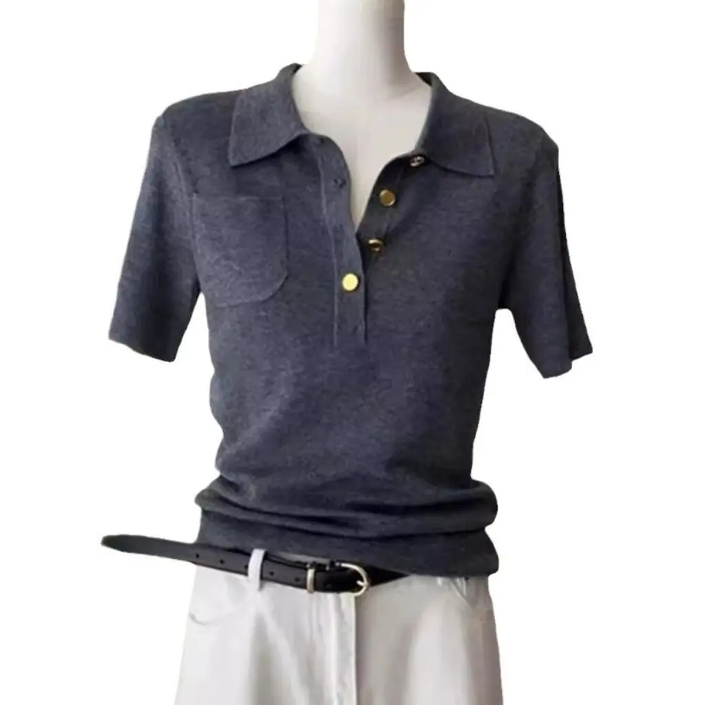 

Women's French Polo Collar Gray Short-Sleeved Knitwear Summer Ice Silk Top High-End Elegant Right Shoulder T-Shirt