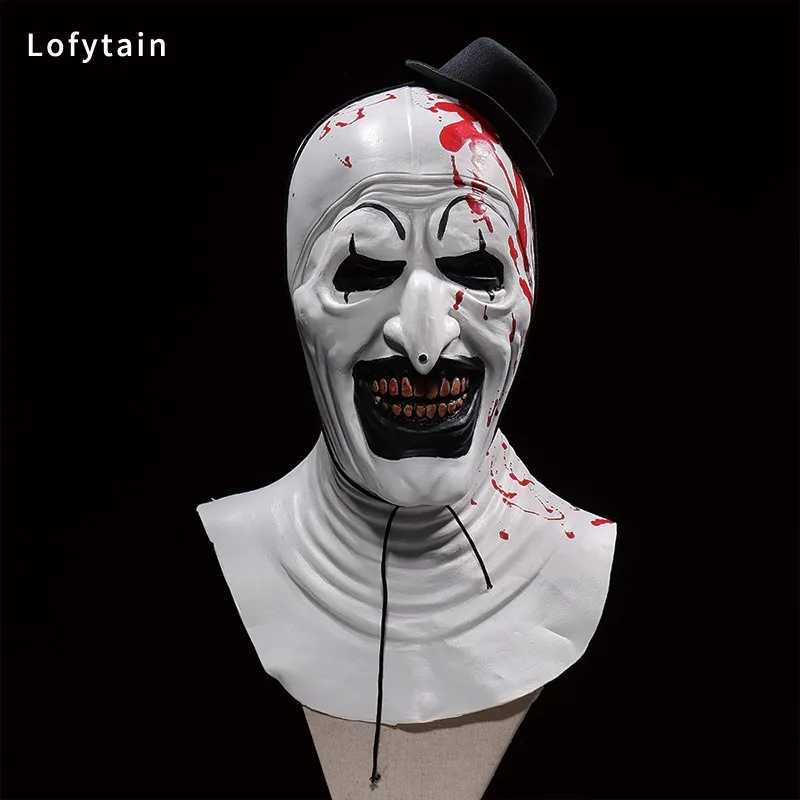 Lofytain Horror Terrifier Art The Clown Cosplay Mask, Creepy Bloody Demon Evil Joker Hat, Capacete de látex, Halloween Party Props