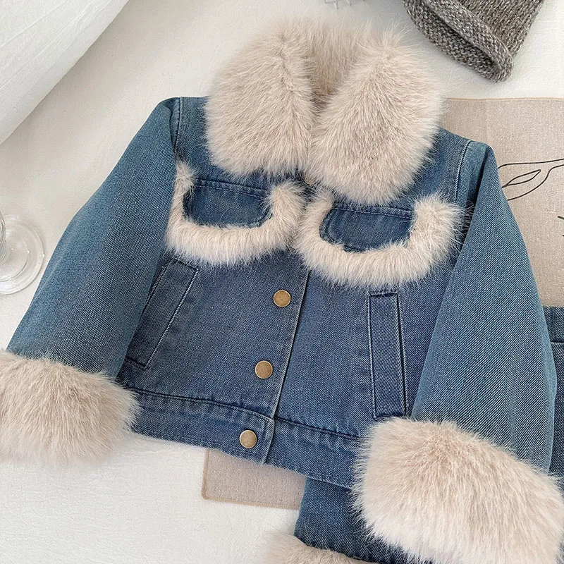 MILANCEL New Autumn Kids Clothes Set 2-7T Sweet Fleece Padded Girls Cowboy Jacket+Short Skirt Korean Thicken Children Outfit