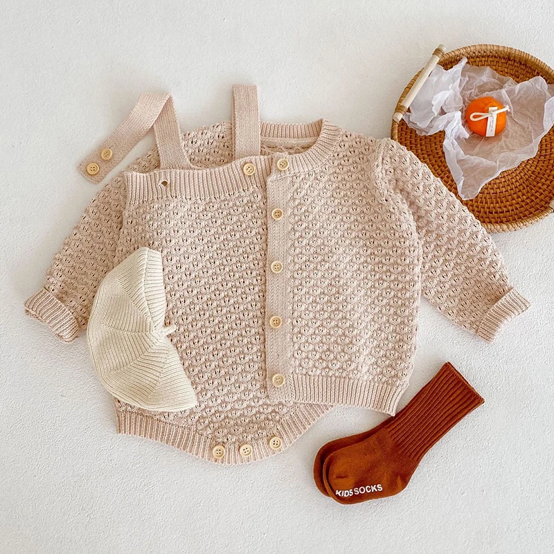 0-3Yrs Infant Baby Girls Knit Long Sleeve Pure Color Cardigan Coat + Rompers Clothing Sets Spring Autumn Kids Girl Suit Clothes