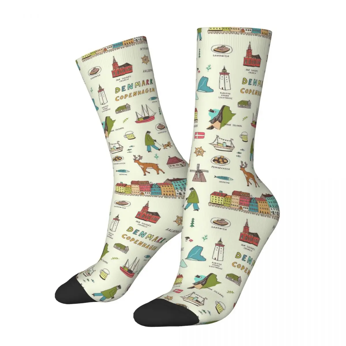 Denmark Copenhagen Hand Drawn Doodle Illustrations Seamless Pattern Adult Socks,Unisex socks,men Socks women Socks