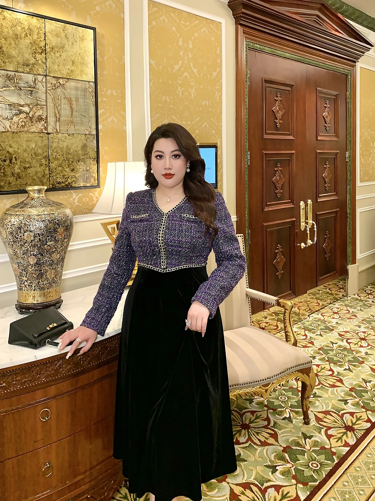 

GLEC Высококачественный женский модный бархатный комплект больших размеров Dr V-Ne, твидовый легкий комплект из двух предметов, повседневный свободный крой с высокой талией