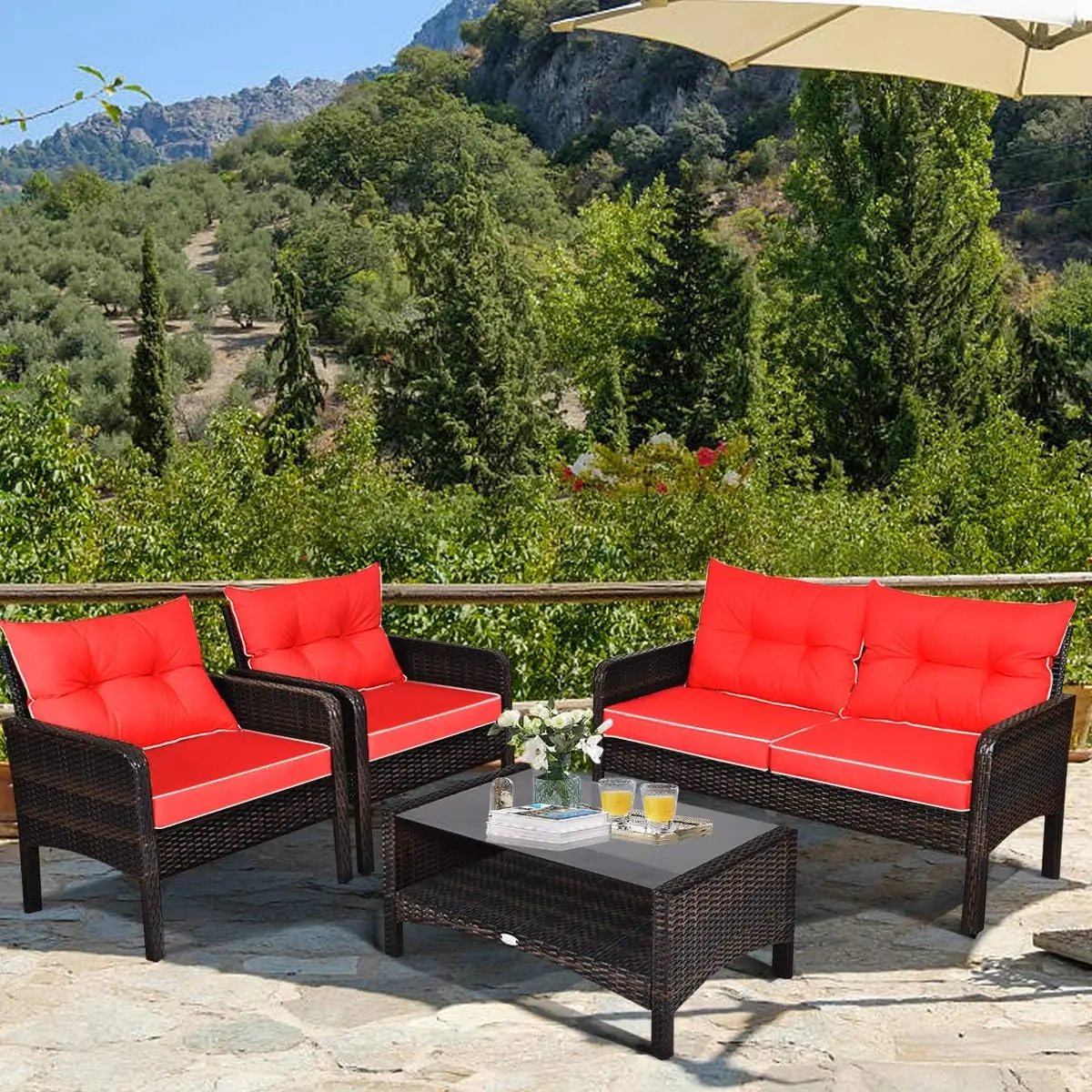 4 Piece Patio Furniture Set Outdoor Rattan Wicker Sofa Set w/ Cushions & Coffee Table, Conversation Sofa Set & Storage Shelf