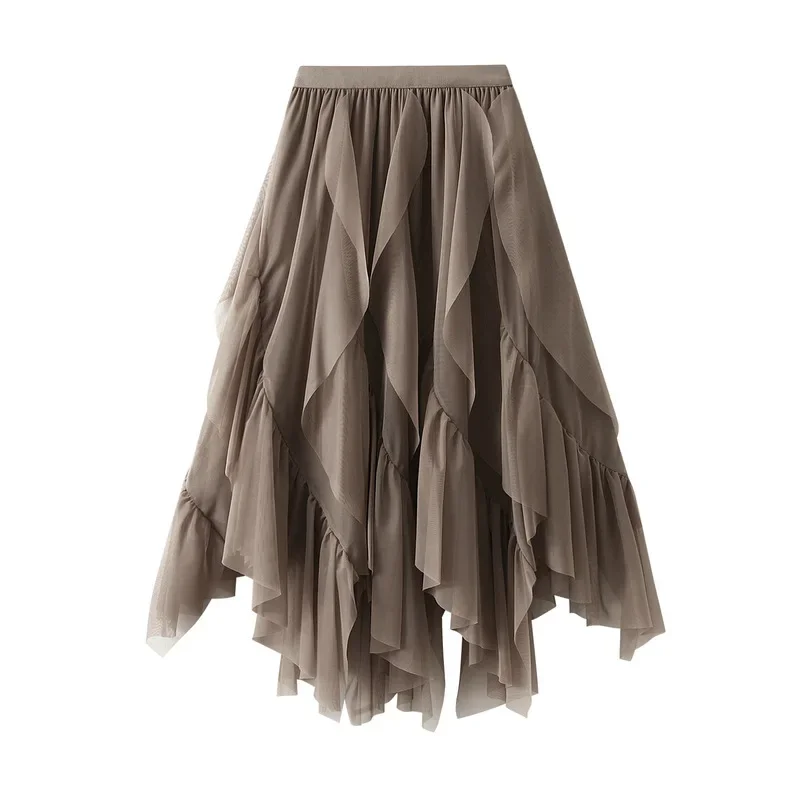 

Casual Loose Ruffle Mesh Midi Skirt Summer Women's Skirts New Skinny Elastic High Waist Solid Mesh Lining Skirt Woman Clothing