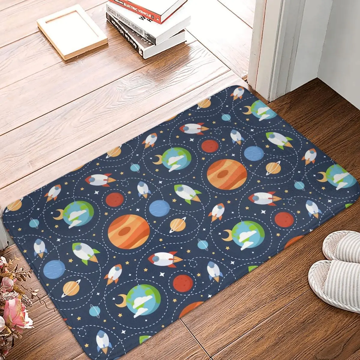 Cartoon Space Pattern With Rockets Planets Doormat Anti-Slip Entrance Kitchen Bath Door Floor Mats Garage Carpet Rug