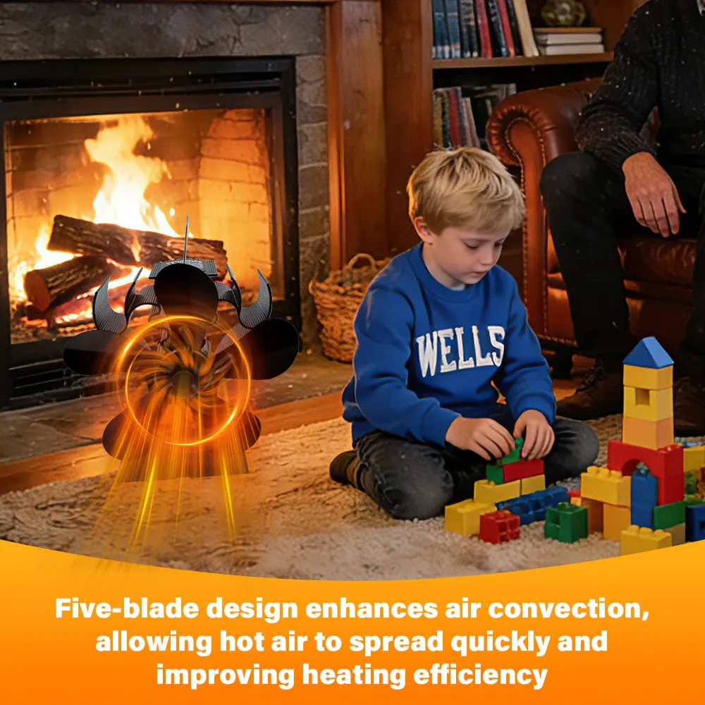 5-Blade Heat Powered Stove Fan for Wood Log Burner Fireplace Quiet Environmental Fan Tool Efficient Heat Distribution Heater