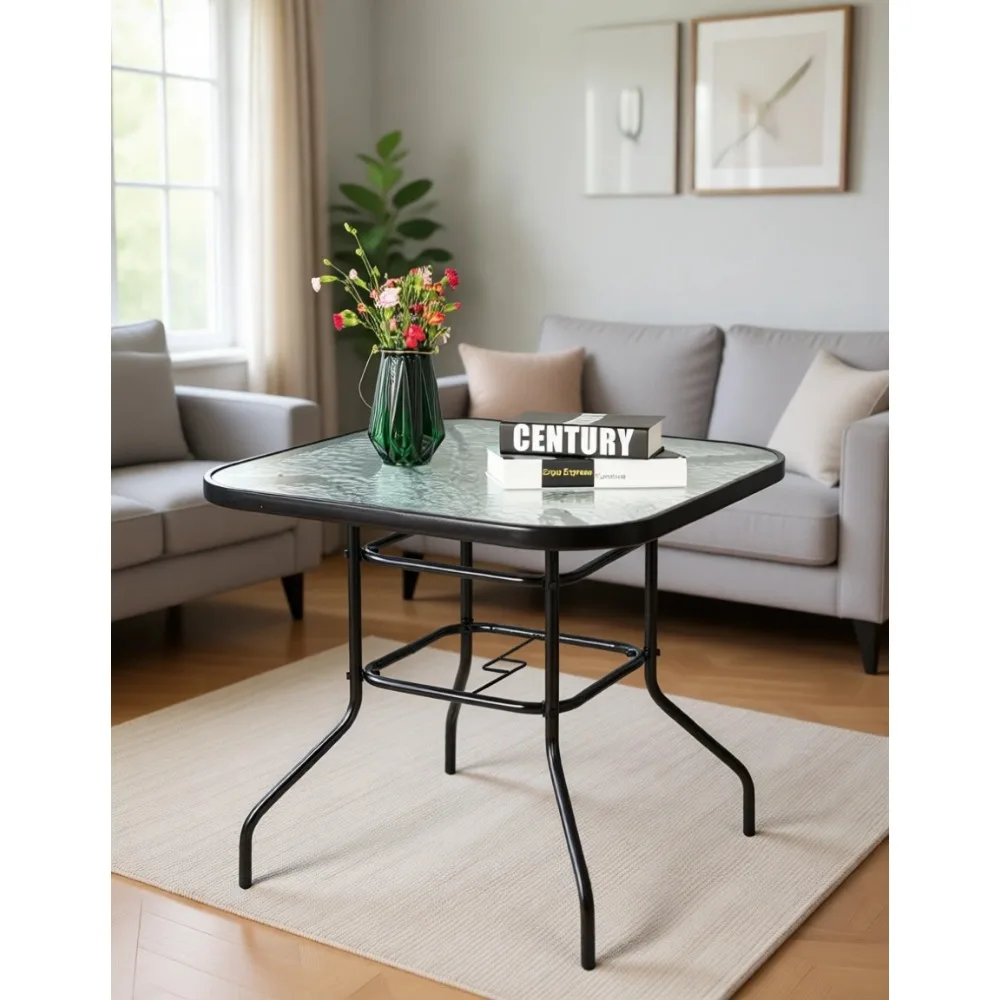32" Square Outdoor Dining Table with Umbrella Hole, Steel and Tempered Glass for Patio Balcony Garden Deck