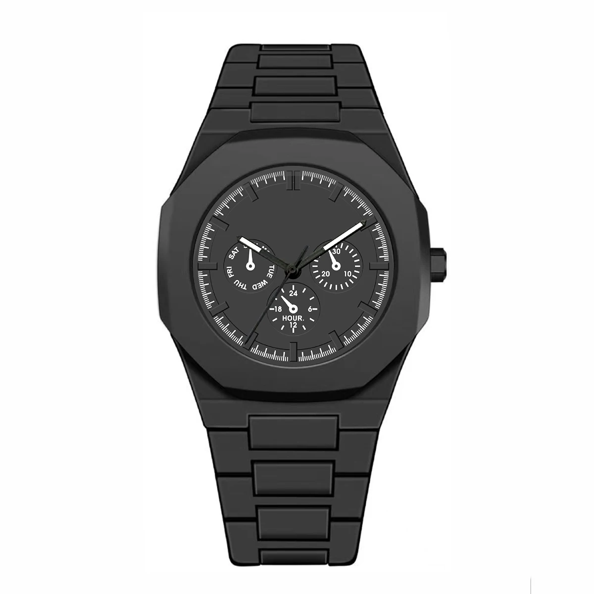 

Модные повседневные мужские водонепроницаемые пластиковые кварцевые часы с тремя циферблатами, черные спортивные часы с большим циферблатом
