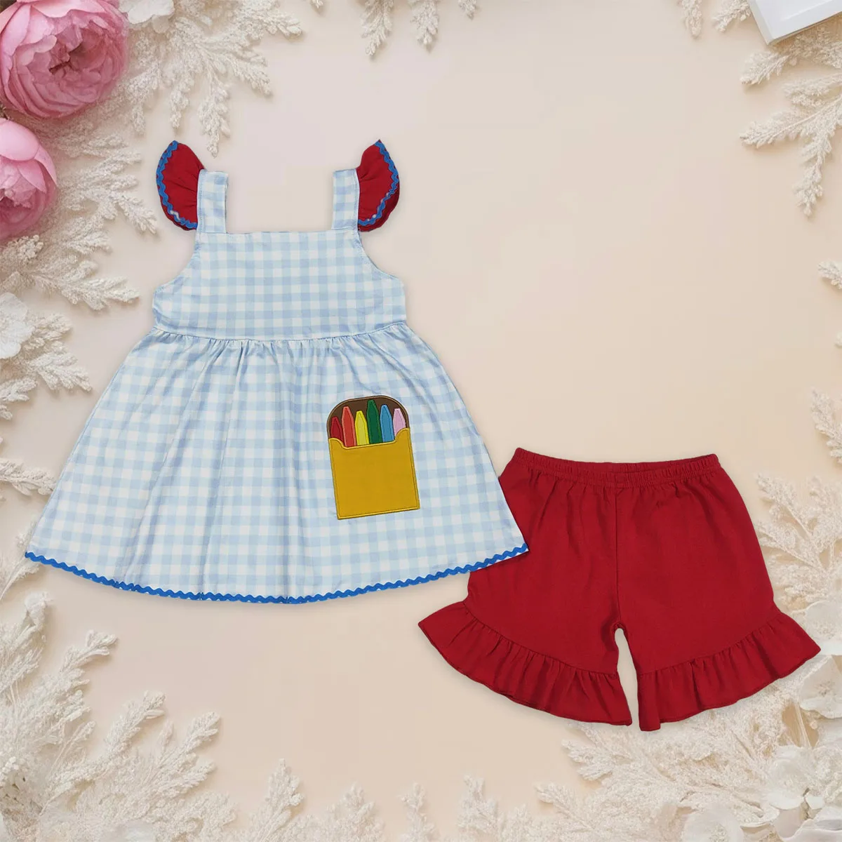 

Kids Embroidery Pencils Baby Girl Checked Tunic Tops Ruffle Shorts Back to School Fashion Cute Outfit Toddler Clothing Wholesale