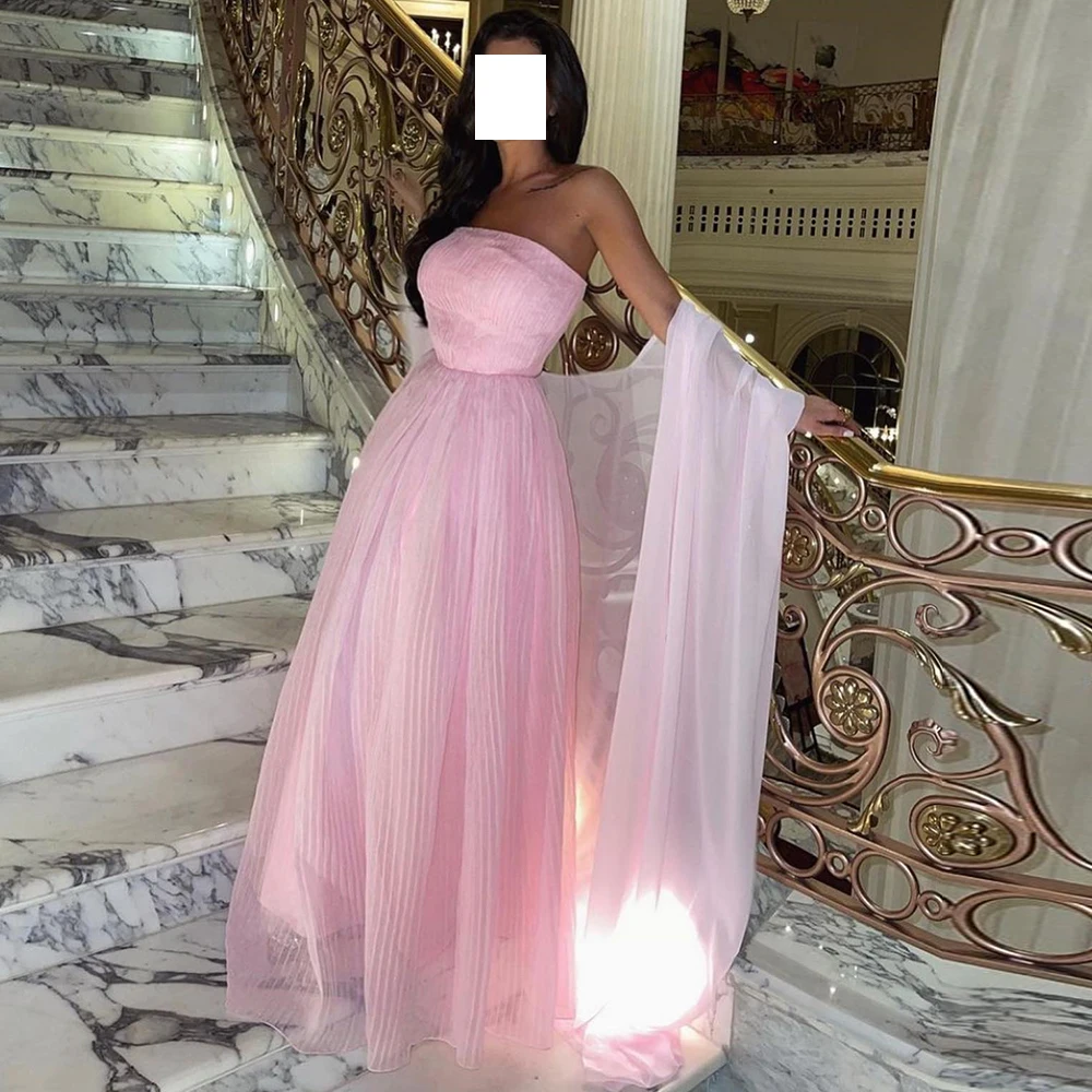 

Pink Saudi Evening Gowns Floor Length Pleats Shawl Straight Sleeveless Chiffon Strapless Sweep Train Special Occasion Gowns 2024