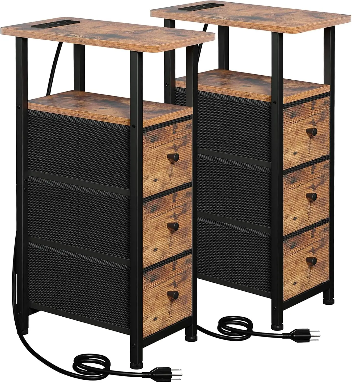 

Narrow End Tables Set of 2 with Charging Station, Skinny Side Table with Fabric Drawers, Slim Nightstand for Bedroom, Couch, Small Spaces, Brown