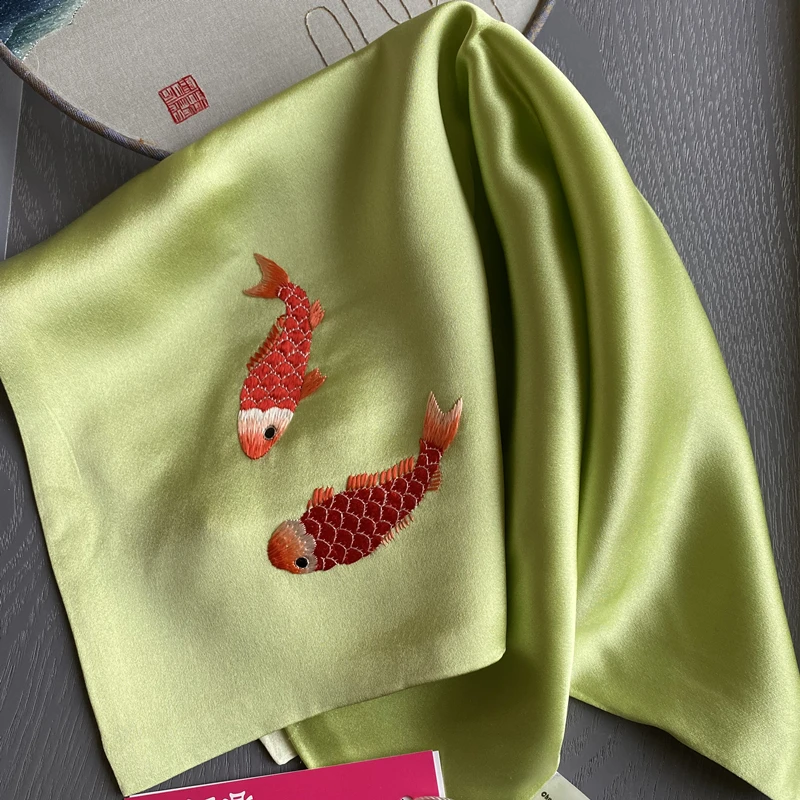 100% Silk Embroidered Fish Handkerchief, Double-layer Silk Hand-embroidered Square Scarf Handkerchiefs