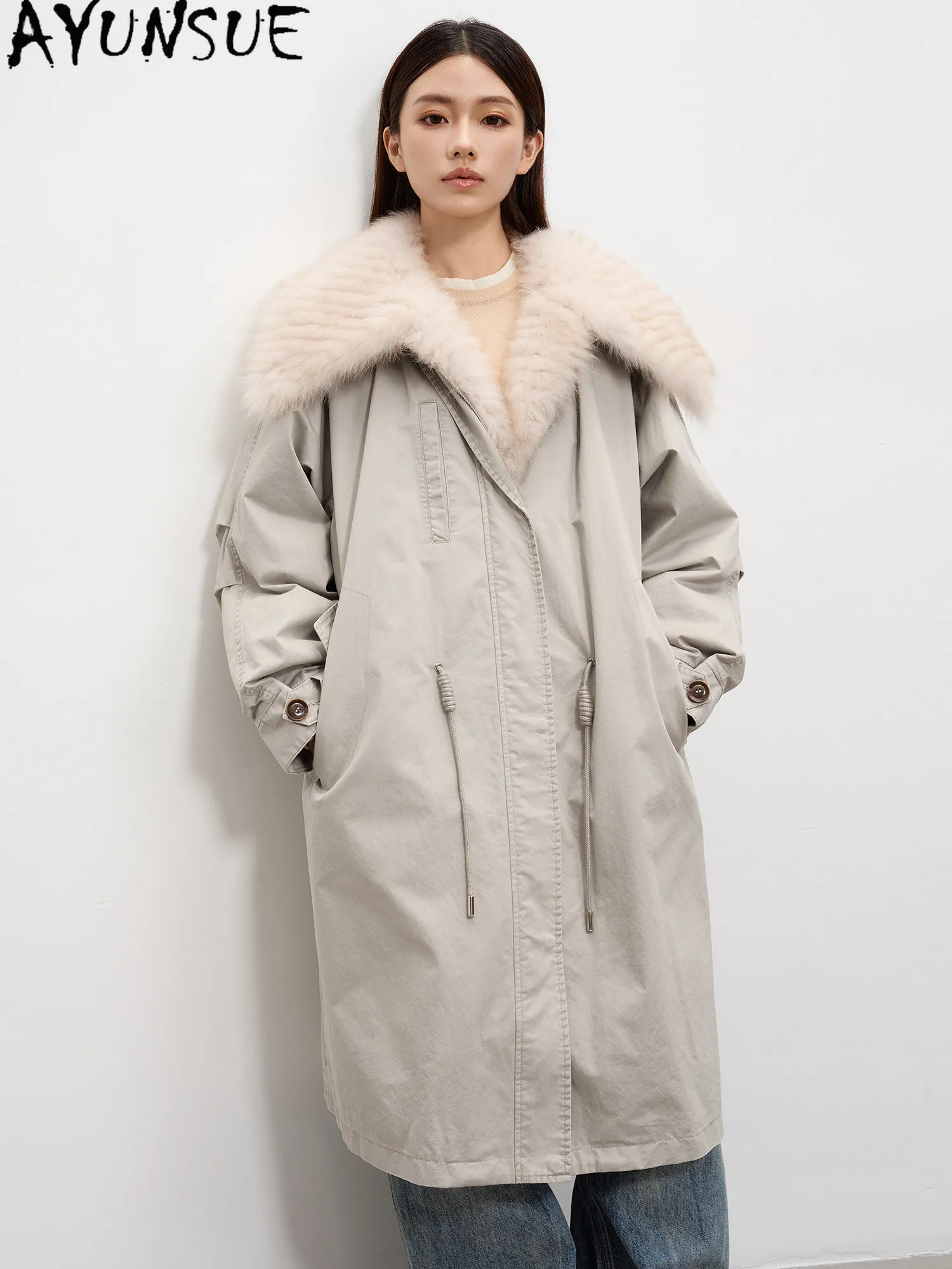 AYUNSUE 90% White Goose Down Coat 2026 Real Fox Fur Collar Women's Parka Warm Winter Clothes Fashion Mid-length Chaqueta Mujer
