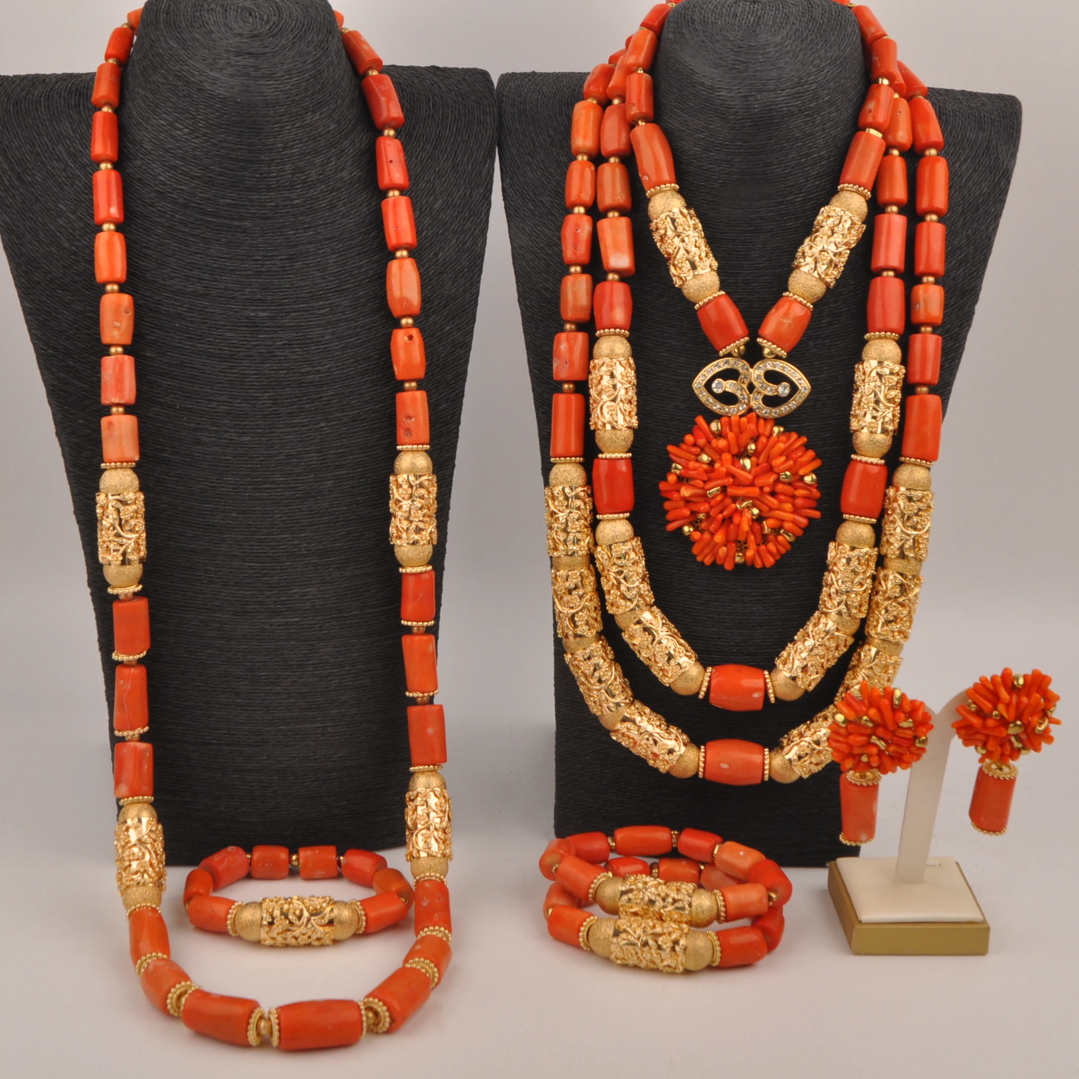 Nigerian Traditional Wedding Coral Jewelry African Beads Couple Necklace Sets