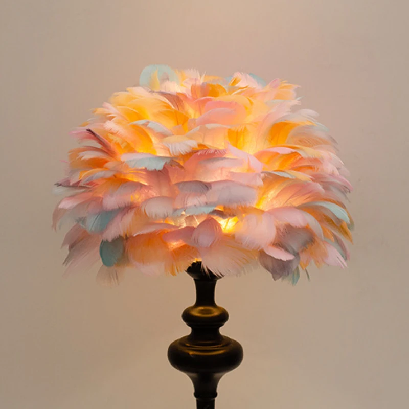 

European Style Feather Lampshade Luxury Cloth Art Feather Bedroom Desk Lamp Cover Nordic Hotel Home Decoration Light Covers