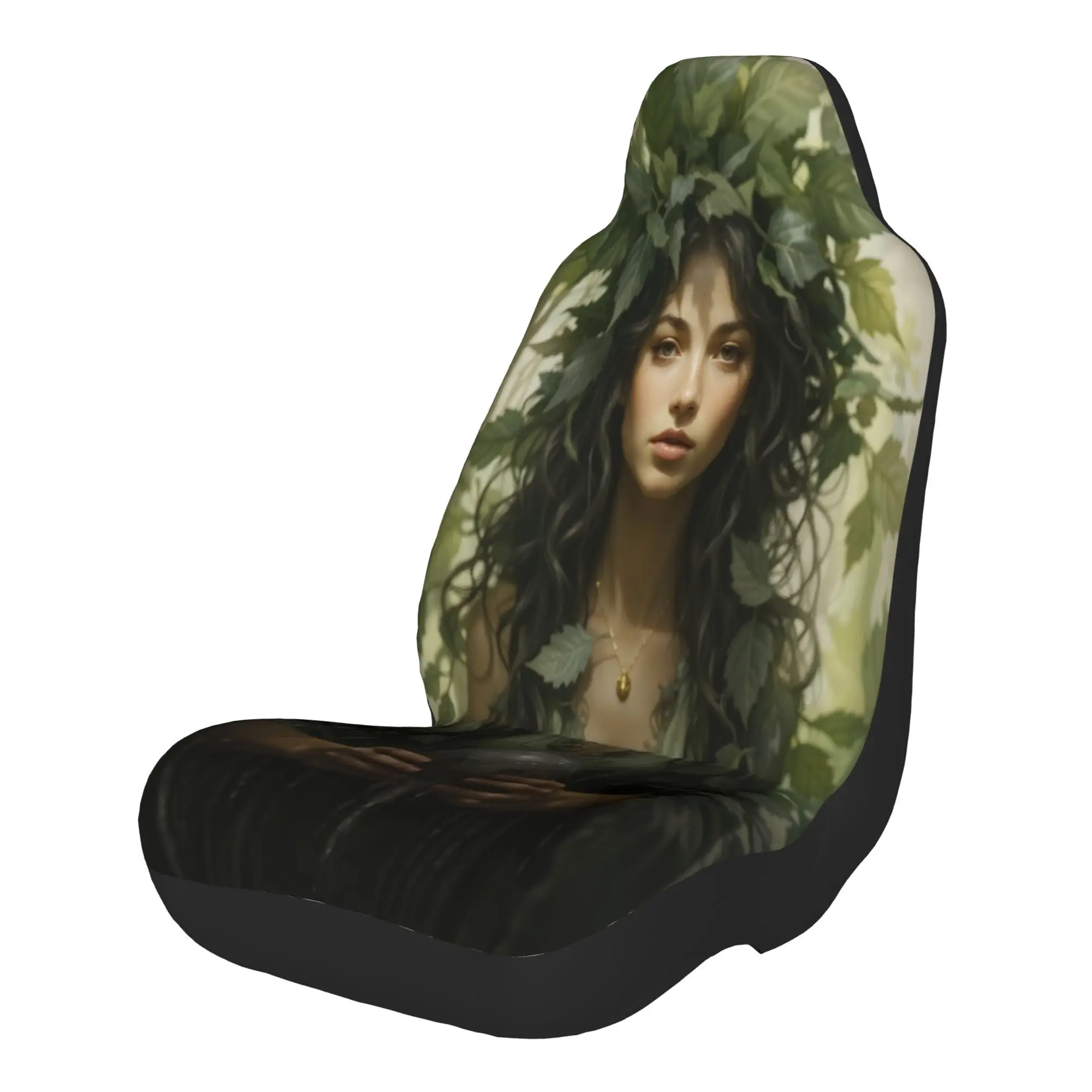 Set Of 2 Forest Nymphs Adorned With Leaf Crowns, Each Holding A Crystal Orb In A Magical Forest. These Car Seat Covers Fit For A