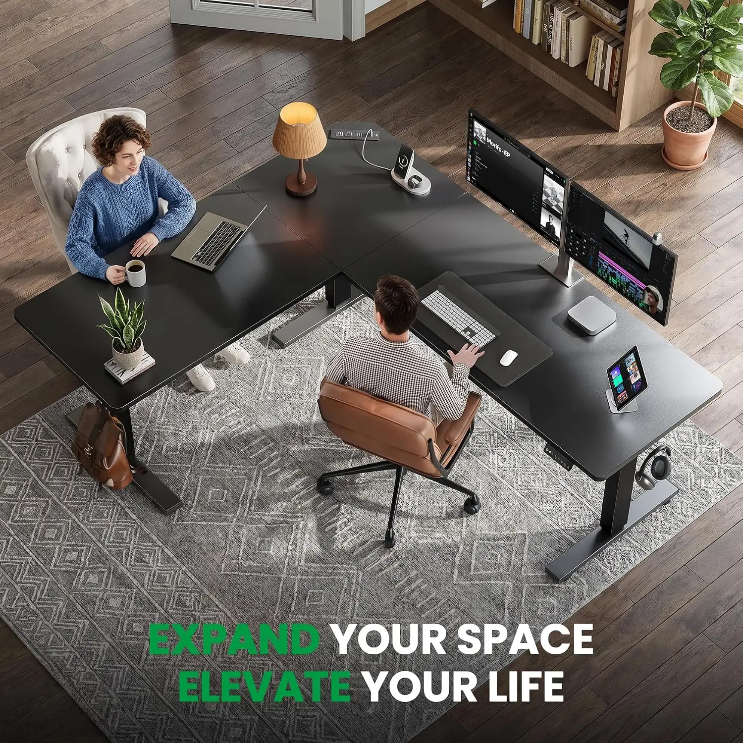 L-Shaped Standing Desk with Charging Station & Memory Controller, Adjustable Corner Desk Ergonomic Workstation 63x55, Customized