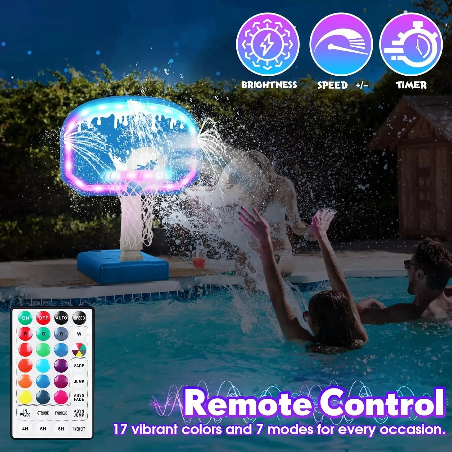 Oversized LED Pool Basketball Hoop Game Set with 3-Way Sprinkler, 14in Light-Up Rim, 2 Glowing Balls, Water-Filled Base & Pump – Illuminated Pool Games for Teens and Adults, Inground Use view 2