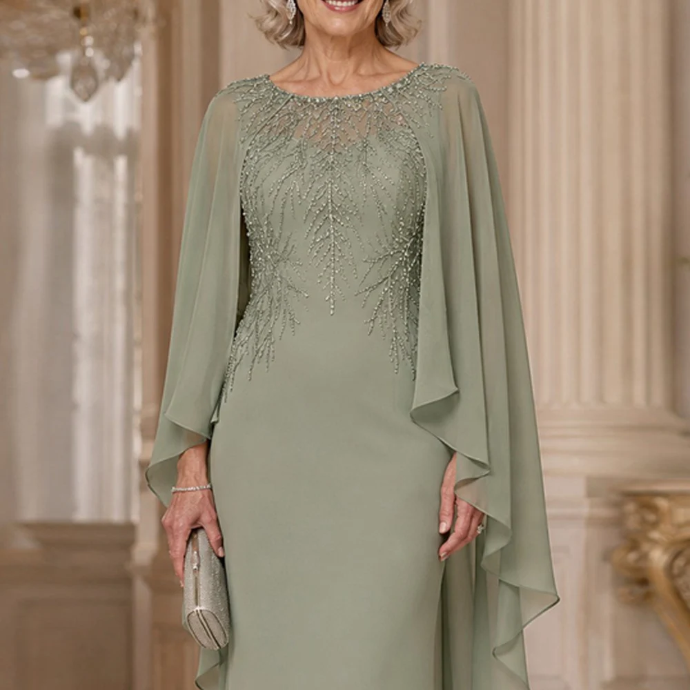 Customized Mother of The Bride Dress Cape Sleeves Pleated Scoop Neck Beading Chiffon Mermaid Wedding Guest Gowns Party Dresses