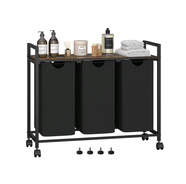 

！@Combohome Wood Hamper, Basket, Laundry Sorter with 3 Pull-Out and Removable Bags Room Storage with Tab