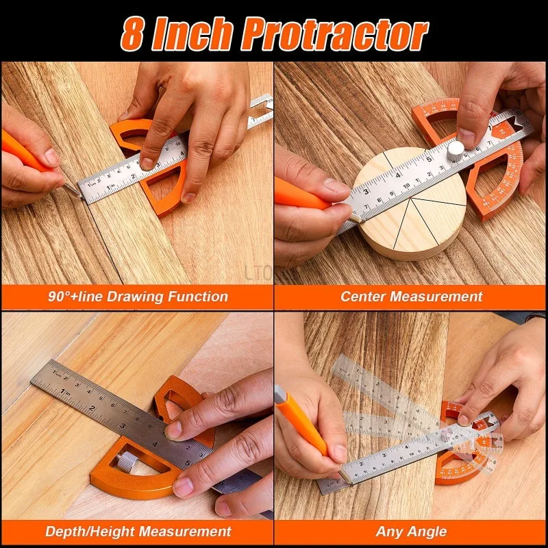 

4 in 1 Woodworking Measuring Tool Set Multi-purpose 7 Inch Carpenter Square 10'' Framing Square T-Bevel Gauge 8 Inch Protractor
