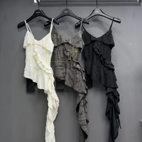 Women Y2K Vintage Korean Casual Acubi Irregular Patchwork Gyaru Ruffled Sleeveless T-shirts Tees Gyaru Tops 2000s Alt Clothes
