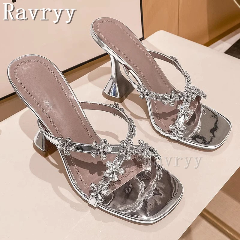 Crystal Flowers High Heels Slippers Women's Square Open Toe Wine Cup Heels Sandals Luxury Party Wedding Bride Shoes