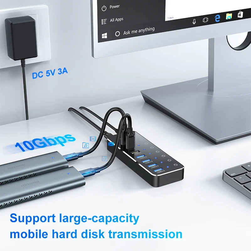 RSHTacétone-Répartiteur USB C 3.2, airies de données 10Gbps avec interrupteurs marche/arrêt tactiles individuels, Extension USB pour MacPleMac, 62USB