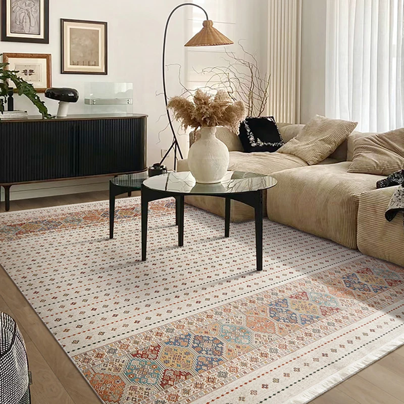 

Bohemia Style Ethnic Living Room Carpet No Glue Cotton Woven Area Rug Washable Fashion Tassel Home Floor Rug Decor Bedroom Mat
