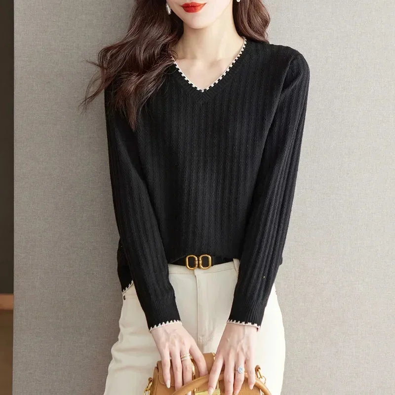 2024 Autumn V Neck Women Sweater Knitted Pullover Jumper Chic Soft Korean Slim Long Sleeve Top Female Basic Coats