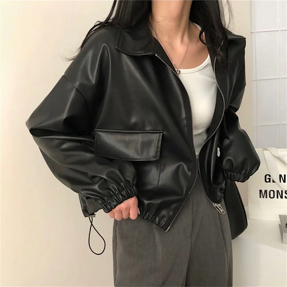 PLAMTEE Stylish Classic PU Jackets Women Pockets Zipper New Solid Loose 2022 Autumn Minimalist Chic Office Lady Mujer Coats