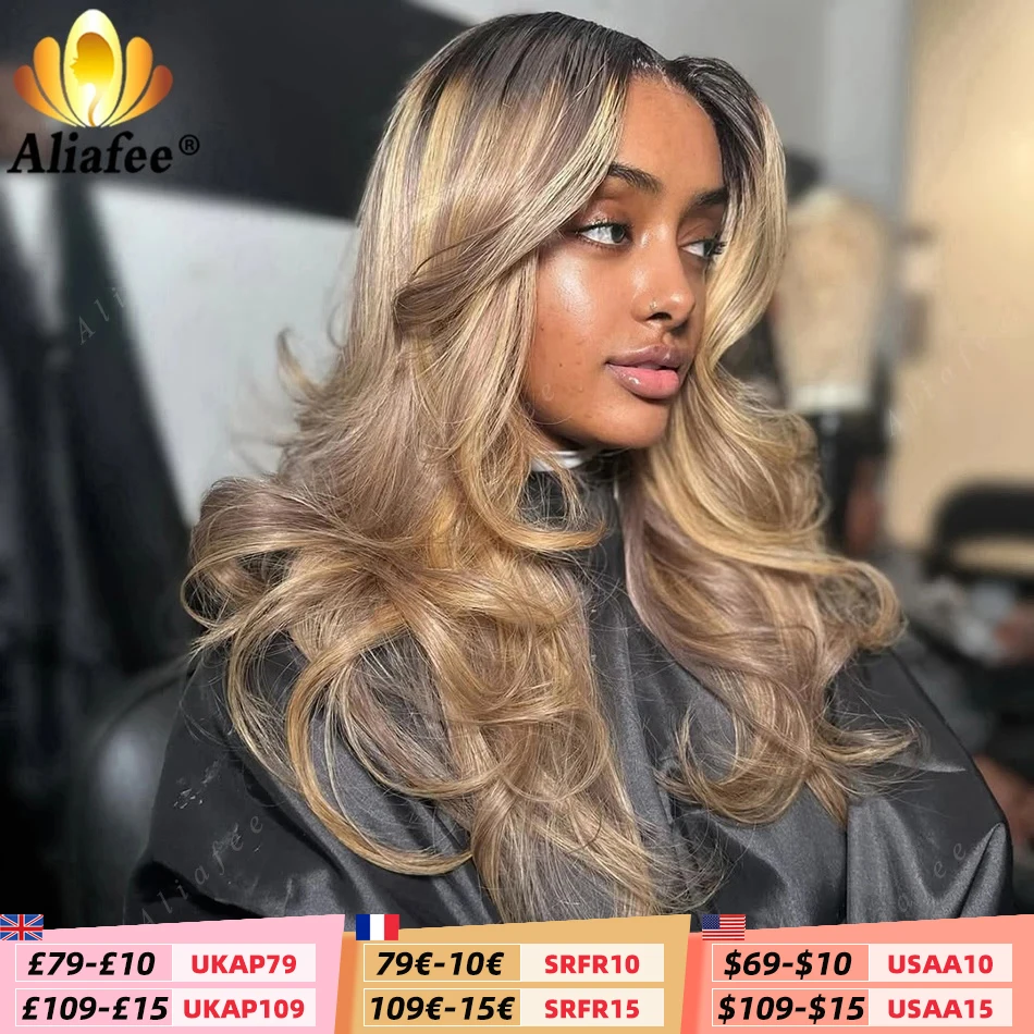 Ombre 2 27 Rubio sucio 13x6 pelucas frontales de encaje ondulado raíces marrones Rubio degradado pelucas de cabello humano prearrancadas para mujeres